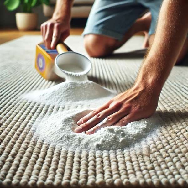 Sprinkling Baking Soda on the Rug